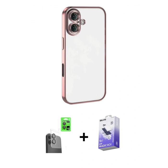 MARSİLYAN™- iPhone 16 Kılıf Vadi Minimal - Siyah Bilvis 5in1 5D Magic Hayalet Cam Ekran Koruyucu + Raze Metal Kamera Lens - SH
