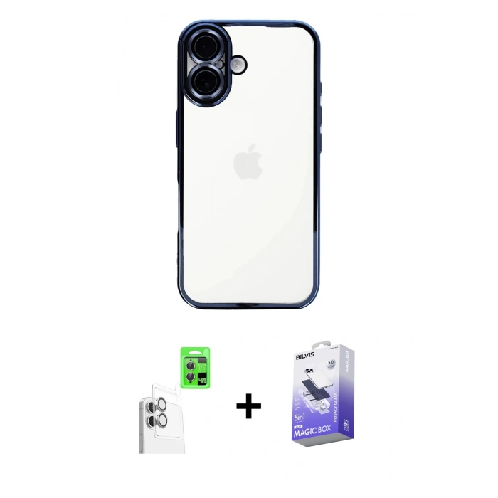 MARSİLYAN™- iPhone 16 Kılıf Vadi Minimal - Siyah Bilvis 5in1 5D Magic Hayalet Cam Ekran Koruyucu + Raze Metal Kamera Lens - BZ