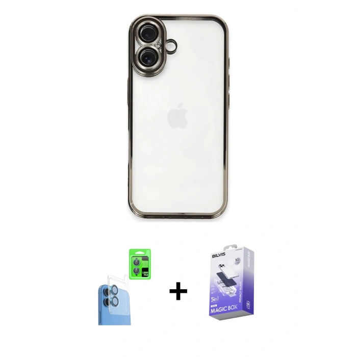 MARSİLYAN™- iPhone 16 Kılıf Vadi Minimal - Siyah Bilvis 5in1 5D Magic Hayalet Cam Ekran Koruyucu + Raze Metal Kamera Lens - LT