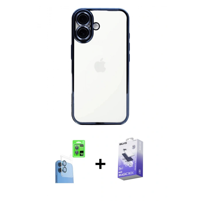 MARSİLYAN™- iPhone 16 Kılıf Vadi Minimal - Siyah Bilvis 5in1 5D Magic Hayalet Cam Ekran Koruyucu + Raze Metal Kamera Lens - LT