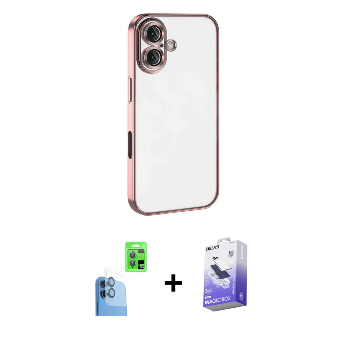 MARSİLYAN™- iPhone 16 Kılıf Vadi Minimal - Siyah Bilvis 5in1 5D Magic Hayalet Cam Ekran Koruyucu + Raze Metal Kamera Lens - LT