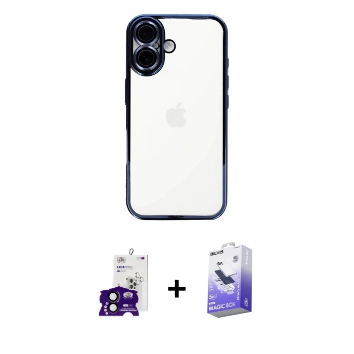 MARSİLYAN™- iPhone 16 Kılıf Vadi Minimal - Siyah Bilvis 5in1 5D Magic Hayalet Cam Ekran Koruyucu + Bilvis Titan Kamera Lens - SH