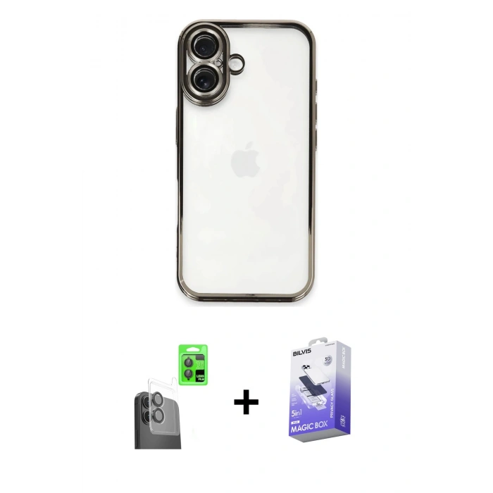 MARSİLYAN™- iPhone 16 Kılıf Vadi Minimal - Siyah Bilvis 5in1 5D Magic Hayalet Cam Ekran Koruyucu + Raze Metal Kamera Lens - SH