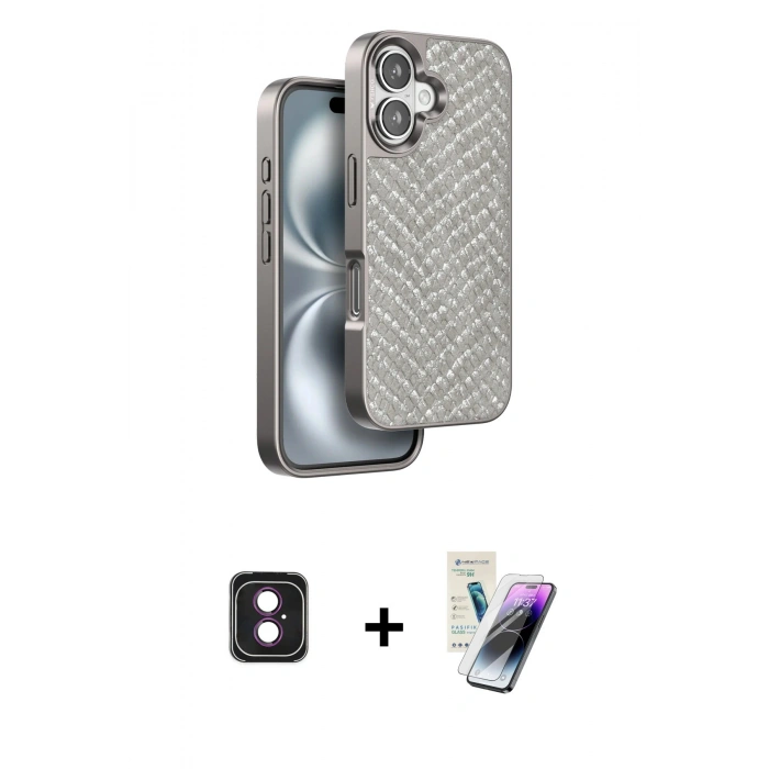 MARSİLYAN™- iPhone 16 Kılıf Vadi Özel Seri - Şeffaf Pasifik Cam Ekran Koruyucu + PVD Metal Kamera Lens - PE
