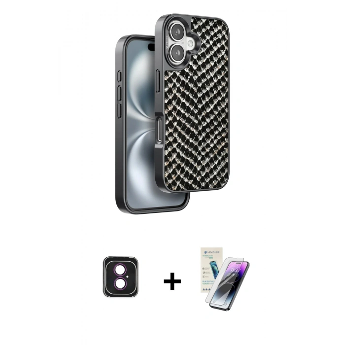 MARSİLYAN™- iPhone 16 Kılıf Vadi Özel Seri - Şeffaf Pasifik Cam Ekran Koruyucu + PVD Metal Kamera Lens - PE