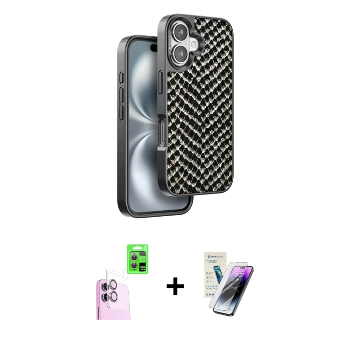 MARSİLYAN™- iPhone 16 Kılıf Vadi Özel Seri - Şeffaf Pasifik Cam Ekran Koruyucu + Raze Metal Kamera Lens - PE