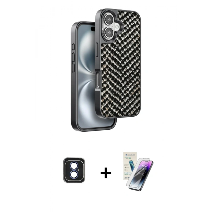 MARSİLYAN™- iPhone 16 Kılıf Vadi Özel Seri - Şeffaf Pasifik Cam Ekran Koruyucu + PVD Metal Kamera Lens - MI