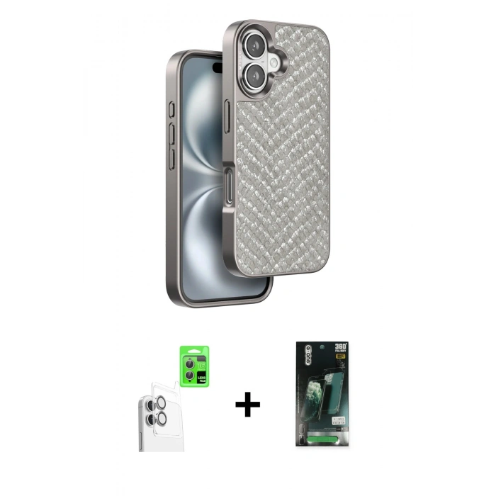 MARSİLYAN™- iPhone 16 Kılıf Vadi Özel Seri - Siyah 360 Mat Full Body Arka Koruyucu + Raze Metal Kamera Lens - BZ