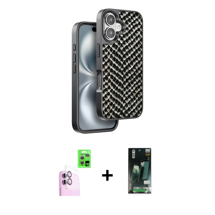 MARSİLYAN™- iPhone 16 Kılıf Vadi Özel Seri - Siyah 360 Mat Full Body Arka Koruyucu + Raze Metal Kamera Lens - PE
