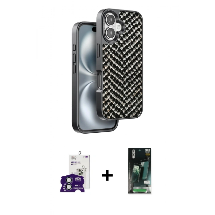 MARSİLYAN™- iPhone 16 Kılıf Vadi Özel Seri - Siyah 360 Mat Full Body Arka Koruyucu + Bilvis Titan Kamera Lens - YL