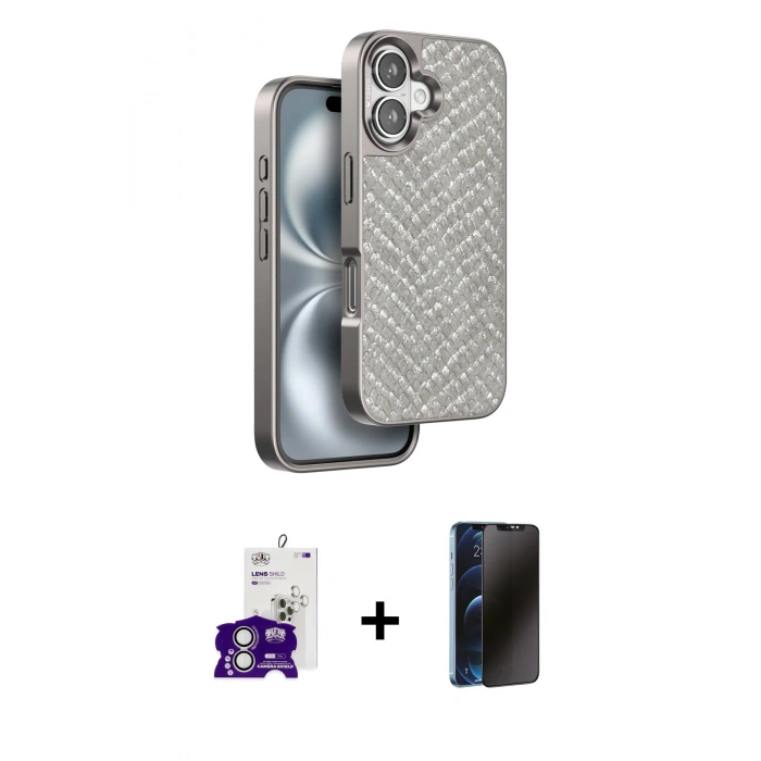 MARSİLYAN™- iPhone 16 Kılıf Vadi Özel Seri - Siyah 3D Antistatik Hayalet Cam Ekran Koruyucu + Bilvis Titan Kamera Lens - GS