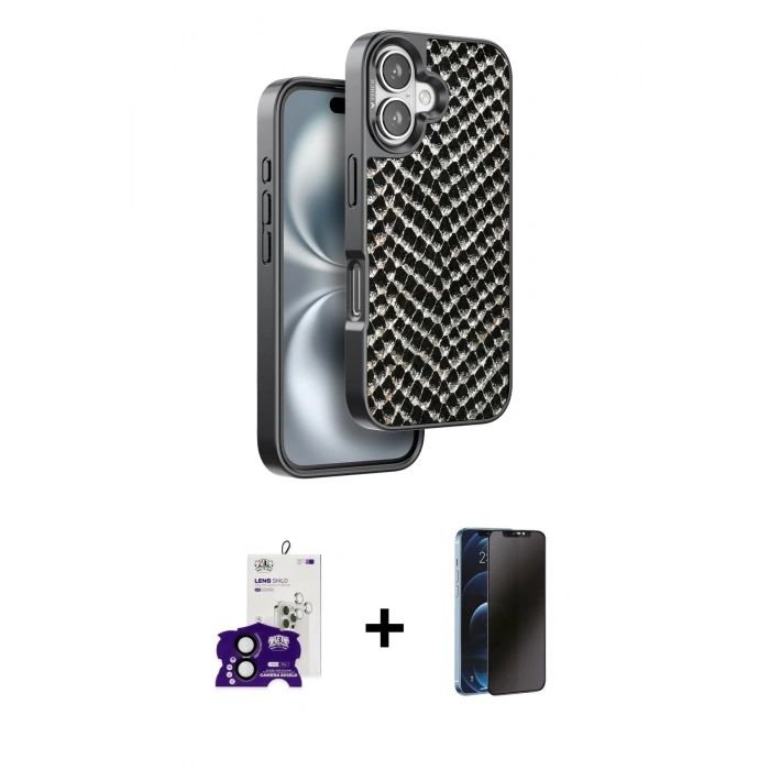 MARSİLYAN™- iPhone 16 Kılıf Vadi Özel Seri - Siyah 3D Antistatik Hayalet Cam Ekran Koruyucu + Bilvis Titan Kamera Lens - SH