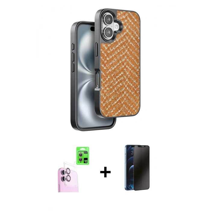 MARSİLYAN™- iPhone 16 Kılıf Vadi Özel Seri - Siyah 3D Antistatik Hayalet Cam Ekran Koruyucu + Raze Metal Kamera Lens - PE
