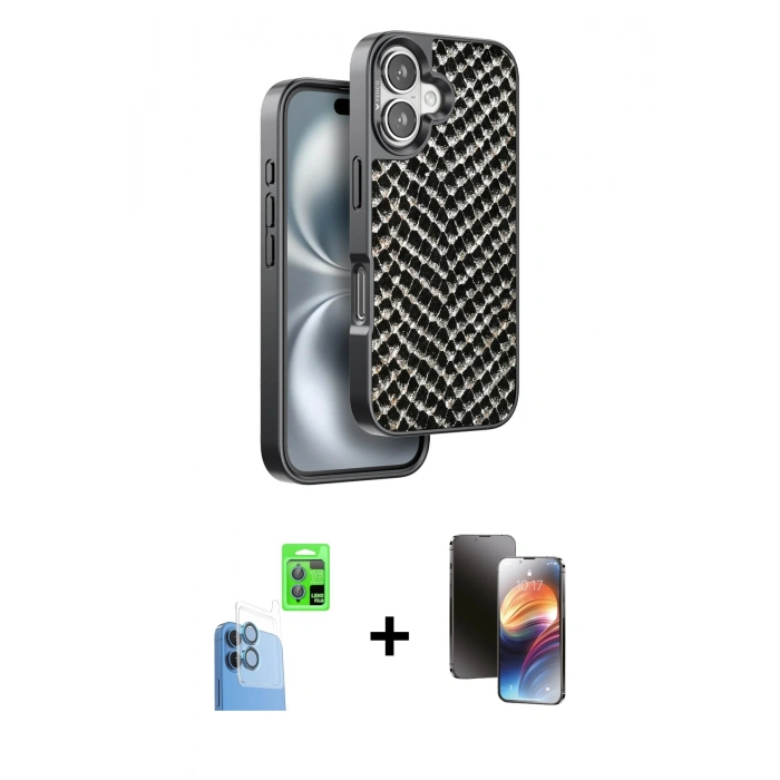 MARSİLYAN™- iPhone 16 Kılıf Vadi Özel Seri - Siyah 3D Antistatik Mat Seramik Nano Ekran Koruyucu + Lacivert Raze Metal Kamera Lens