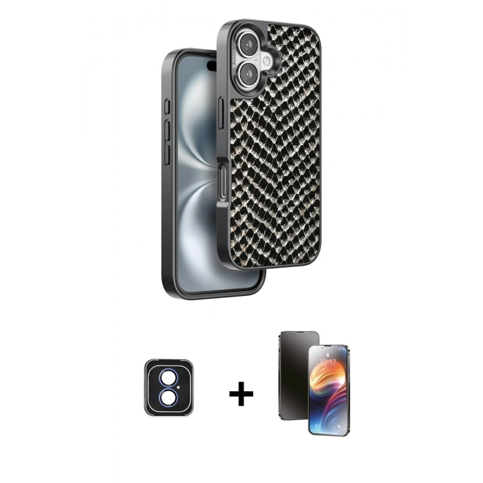 MARSİLYAN™- iPhone 16 Kılıf Vadi Özel Seri - Siyah 3D Antistatik Mat Seramik Nano Ekran Koruyucu + PVD Metal Kamera Lens - MI