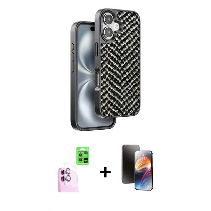 MARSİLYAN™- iPhone 16 Kılıf Vadi Özel Seri - Siyah 3D Antistatik Mat Seramik Nano Ekran Koruyucu + Raze Metal Kamera Lens - PE