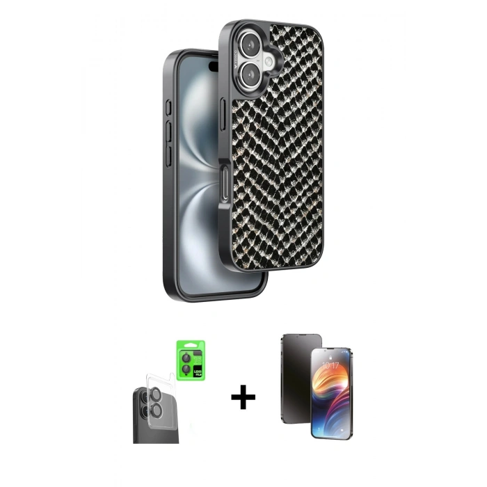 MARSİLYAN™- iPhone 16 Kılıf Vadi Özel Seri - Siyah 3D Antistatik Mat Seramik Nano Ekran Koruyucu + Raze Metal Kamera Lens - SH