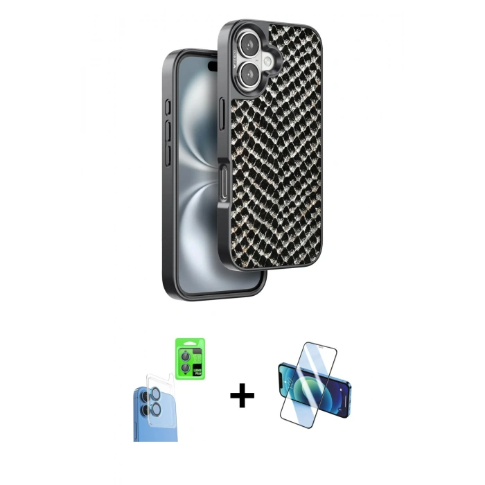 MARSİLYAN™- iPhone 16 Kılıf Vadi Özel Seri - Siyah 3D Antistatik Seramik Nano Ekran Koruyucu + Raze Metal Kamera Lens - LT