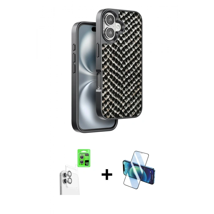 MARSİLYAN™- iPhone 16 Kılıf Vadi Özel Seri - Siyah 3D Antistatik Seramik Nano Ekran Koruyucu + Raze Metal Kamera Lens - BZ