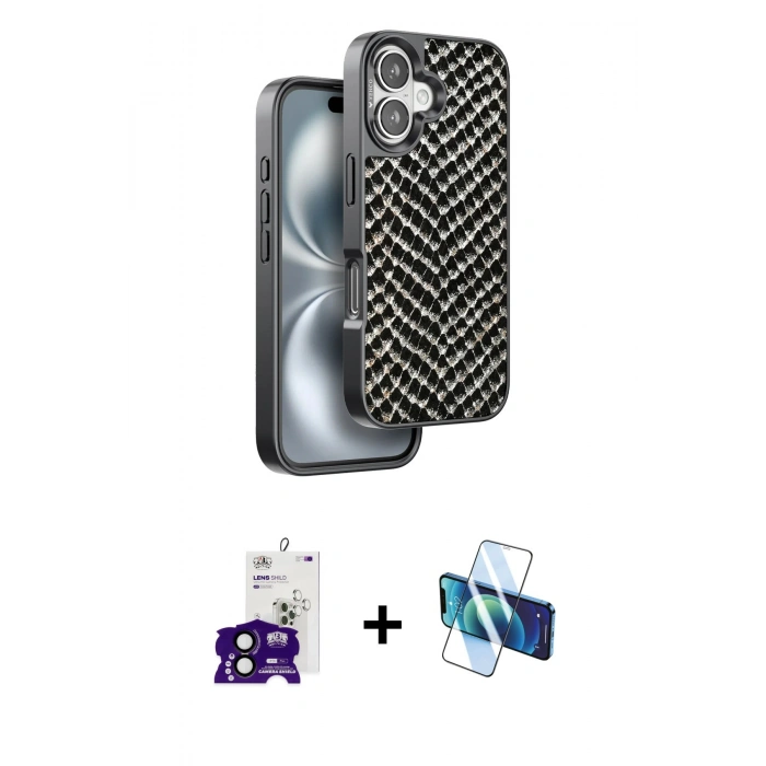MARSİLYAN™- iPhone 16 Kılıf Vadi Özel Seri - Siyah 3D Antistatik Seramik Nano Ekran Koruyucu + Bilvis Titan Kamera Lens - SH