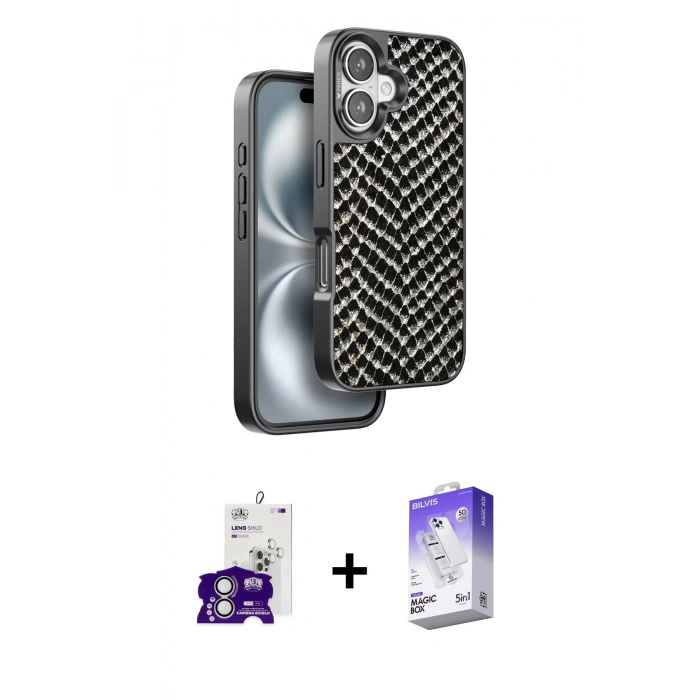 MARSİLYAN™- iPhone 16 Kılıf Vadi Özel Seri - Siyah Bilvis 5in1 3D Magic Cam Ekran Koruyucu + Bilvis Titan Kamera Lens - GS
