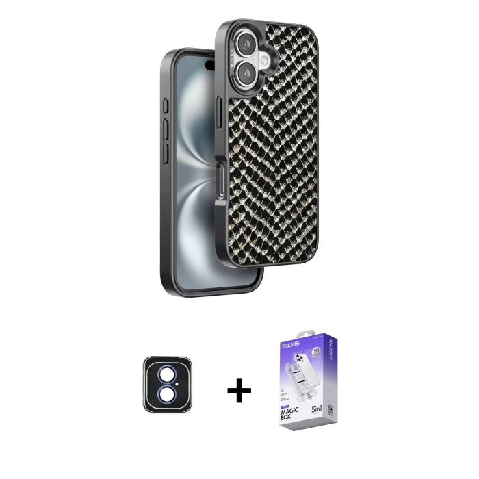 MARSİLYAN™- iPhone 16 Kılıf Vadi Özel Seri - Siyah Bilvis 5in1 3D Magic Cam Ekran Koruyucu + Mavi PVD Metal Kamera Lens