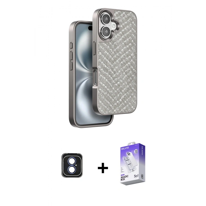 MARSİLYAN™- iPhone 16 Kılıf Vadi Özel Seri - Siyah Bilvis 5in1 3D Magic Cam Ekran Koruyucu + Mavi PVD Metal Kamera Lens