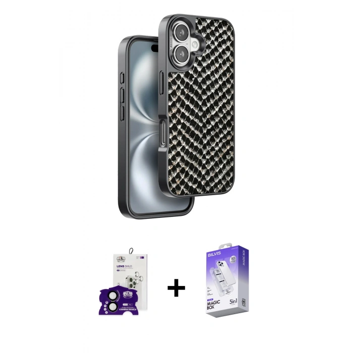 MARSİLYAN™- iPhone 16 Kılıf Vadi Özel Seri - Siyah Bilvis 5in1 3D Magic Cam Ekran Koruyucu + Bilvis Titan Kamera Lens - SH
