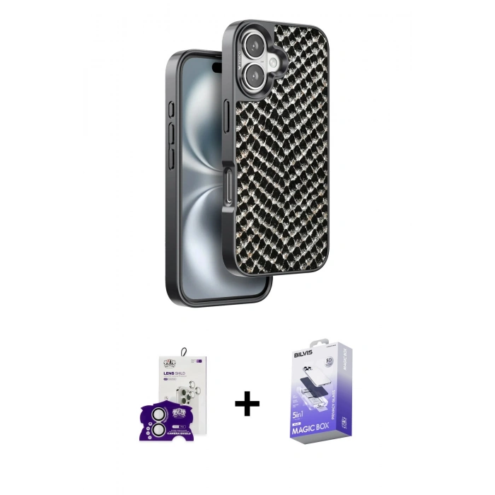 MARSİLYAN™- iPhone 16 Kılıf Vadi Özel Seri - Siyah Bilvis 5in1 5D Magic Hayalet Cam Ekran Koruyucu + Bilvis Titan Kamera Lens - GS