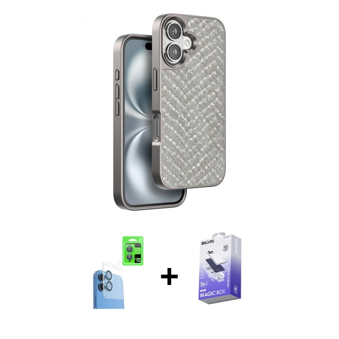 MARSİLYAN™- iPhone 16 Kılıf Vadi Özel Seri - Siyah Bilvis 5in1 5D Magic Hayalet Cam Ekran Koruyucu + Raze Metal Kamera Lens - LT