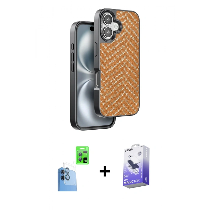 MARSİLYAN™- iPhone 16 Kılıf Vadi Özel Seri - Siyah Bilvis 5in1 5D Magic Hayalet Cam Ekran Koruyucu + Raze Metal Kamera Lens - LT