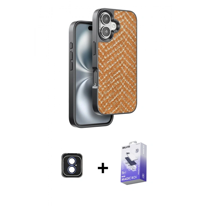 MARSİLYAN™- iPhone 16 Kılıf Vadi Özel Seri - Siyah Bilvis 5in1 5D Magic Hayalet Cam Ekran Koruyucu + Mavi PVD Metal Kamera Lens