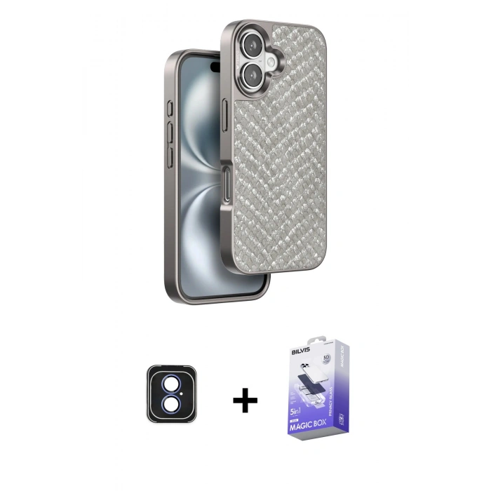 MARSİLYAN™- iPhone 16 Kılıf Vadi Özel Seri - Siyah Bilvis 5in1 5D Magic Hayalet Cam Ekran Koruyucu + Mavi PVD Metal Kamera Lens