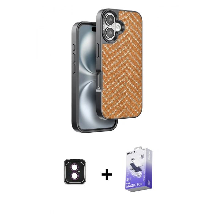 MARSİLYAN™- iPhone 16 Kılıf Vadi Özel Seri - Siyah Bilvis 5in1 5D Magic Hayalet Cam Ekran Koruyucu + PVD Metal Kamera Lens - PE