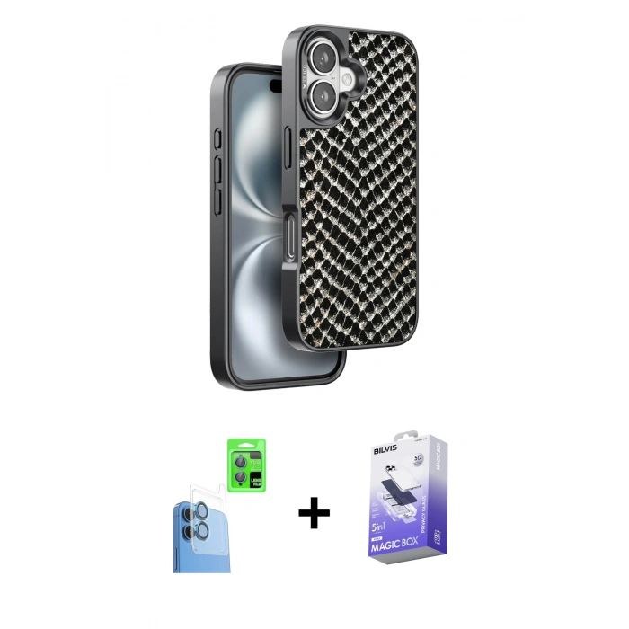 MARSİLYAN™- iPhone 16 Kılıf Vadi Özel Seri - Siyah Bilvis 5in1 5D Magic Hayalet Cam Ekran Koruyucu + Raze Metal Kamera Lens - LT