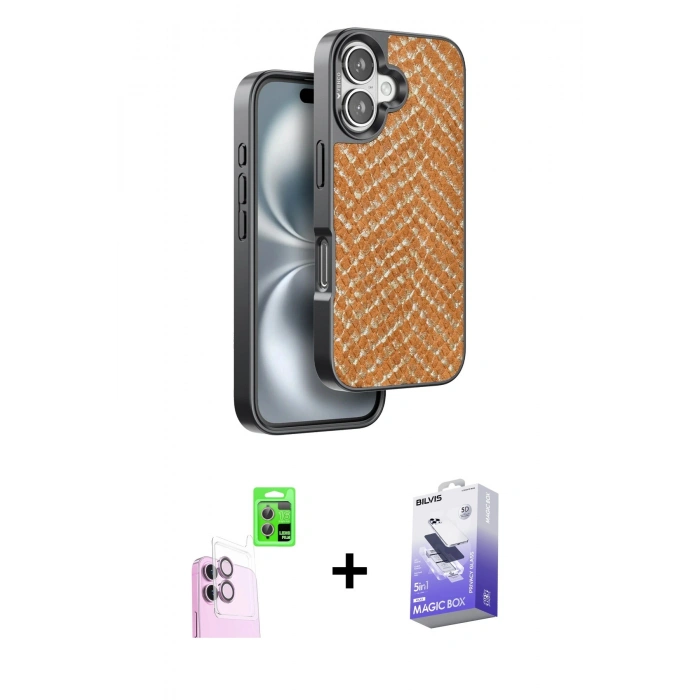 MARSİLYAN™- iPhone 16 Kılıf Vadi Özel Seri - Siyah Bilvis 5in1 5D Magic Hayalet Cam Ekran Koruyucu + Raze Metal Kamera Lens - PE