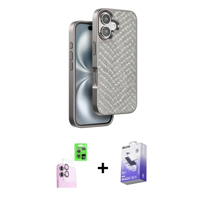 MARSİLYAN™- iPhone 16 Kılıf Vadi Özel Seri - Siyah Bilvis 5in1 5D Magic Hayalet Cam Ekran Koruyucu + Raze Metal Kamera Lens - PE