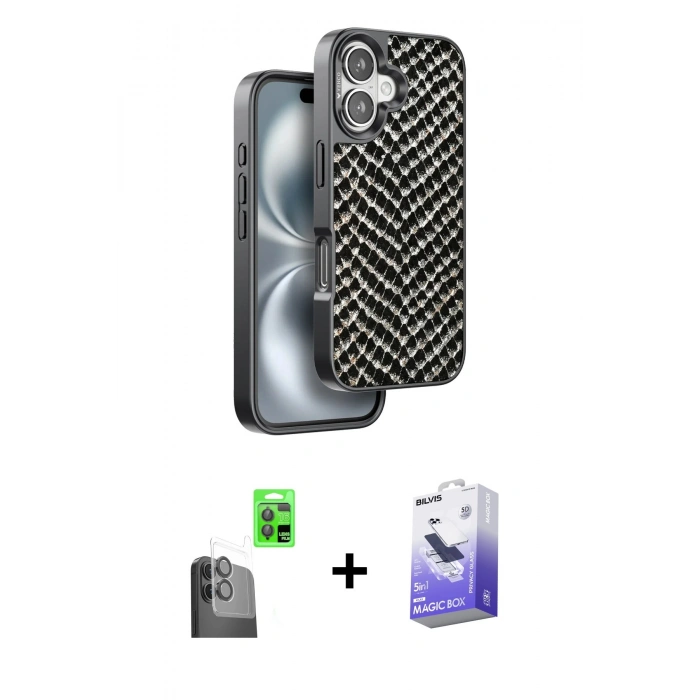 MARSİLYAN™- iPhone 16 Kılıf Vadi Özel Seri - Siyah Bilvis 5in1 5D Magic Hayalet Cam Ekran Koruyucu + Raze Metal Kamera Lens - SH