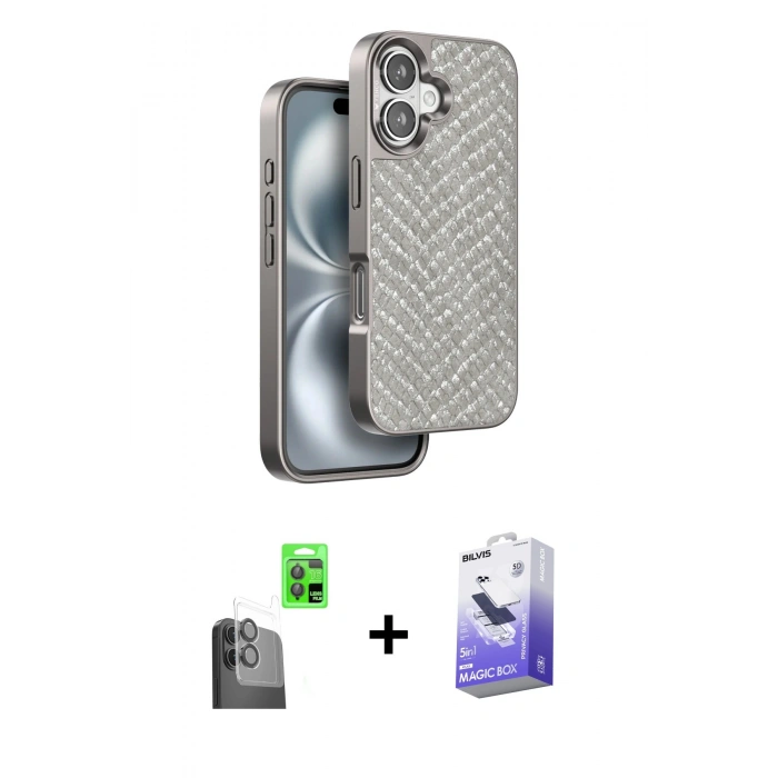 MARSİLYAN™- iPhone 16 Kılıf Vadi Özel Seri - Siyah Bilvis 5in1 5D Magic Hayalet Cam Ekran Koruyucu + Raze Metal Kamera Lens - SH