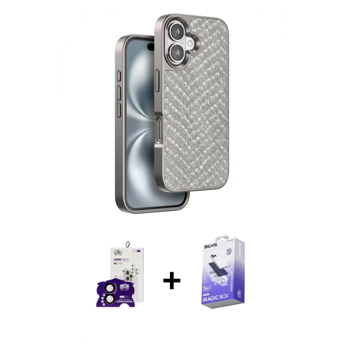 MARSİLYAN™- iPhone 16 Kılıf Vadi Özel Seri - Siyah Bilvis 5in1 5D Magic Hayalet Cam Ekran Koruyucu + Bilvis Titan Kamera Lens - SH