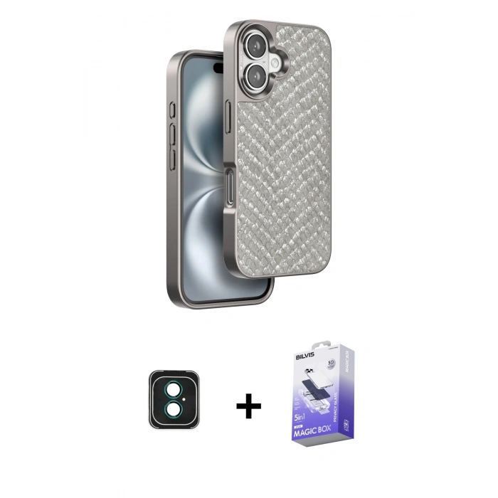 MARSİLYAN™- iPhone 16 Kılıf Vadi Özel Seri - Siyah Bilvis 5in1 5D Magic Hayalet Cam Ekran Koruyucu + Yeşil PVD Metal Kamera Lens