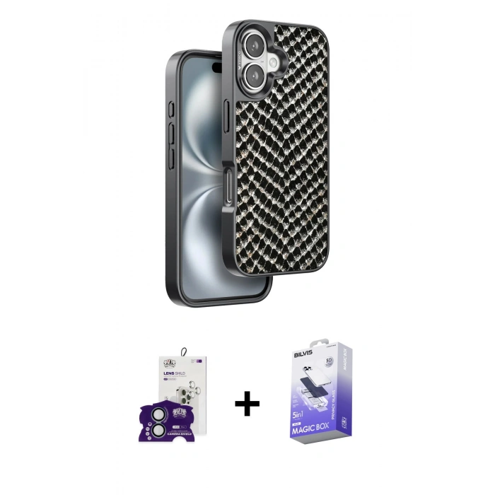 MARSİLYAN™- iPhone 16 Kılıf Vadi Özel Seri - Siyah Bilvis 5in1 5D Magic Hayalet Cam Ekran Koruyucu + Yeşil Bilvis Titan Kamera Lens