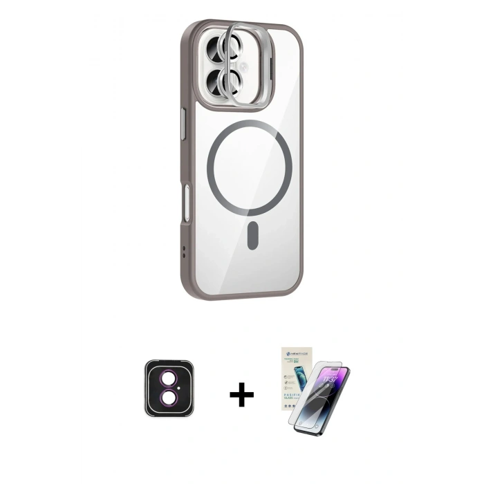 MARSİLYAN™- iPhone 16 Kılıf Yadigar Asil Koleksiyonu - Şeffaf Pasifik Cam Ekran Koruyucu + PVD Metal Kamera Lens - PE