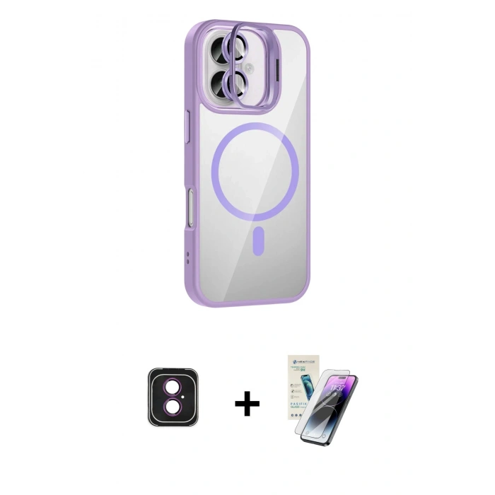 MARSİLYAN™- iPhone 16 Kılıf Yadigar Asil Koleksiyonu - Şeffaf Pasifik Cam Ekran Koruyucu + PVD Metal Kamera Lens - PE