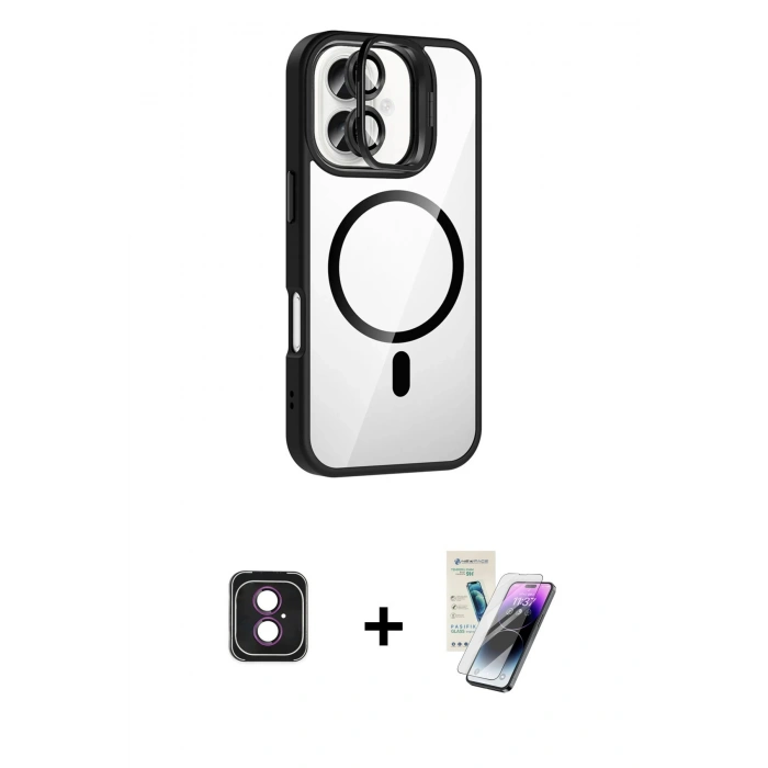 MARSİLYAN™- iPhone 16 Kılıf Yadigar Asil Koleksiyonu - Şeffaf Pasifik Cam Ekran Koruyucu + PVD Metal Kamera Lens - PE