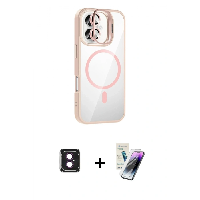 MARSİLYAN™- iPhone 16 Kılıf Yadigar Asil Koleksiyonu - Şeffaf Pasifik Cam Ekran Koruyucu + PVD Metal Kamera Lens - PE