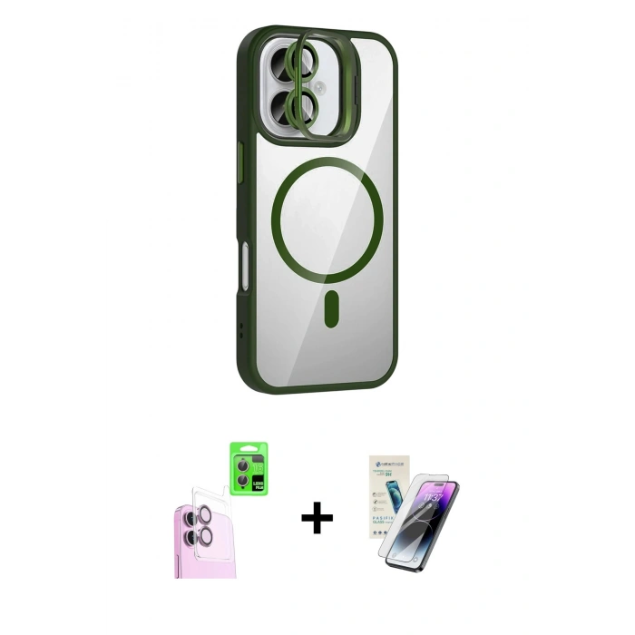MARSİLYAN™- iPhone 16 Kılıf Yadigar Asil Koleksiyonu - Şeffaf Pasifik Cam Ekran Koruyucu + Pembe Raze Metal Kamera Lens
