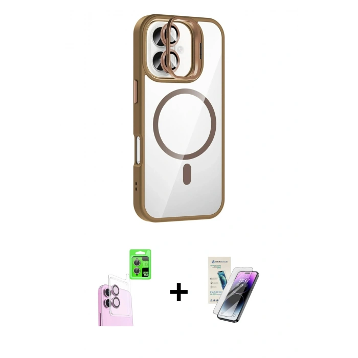 MARSİLYAN™- iPhone 16 Kılıf Yadigar Asil Koleksiyonu - Şeffaf Pasifik Cam Ekran Koruyucu + Pembe Raze Metal Kamera Lens