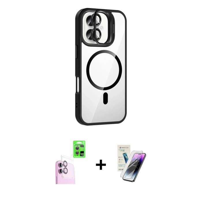 MARSİLYAN™- iPhone 16 Kılıf Yadigar Asil Koleksiyonu - Şeffaf Pasifik Cam Ekran Koruyucu + Pembe Raze Metal Kamera Lens