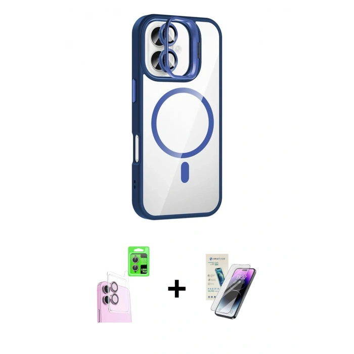 MARSİLYAN™- iPhone 16 Kılıf Yadigar Asil Koleksiyonu - Şeffaf Pasifik Cam Ekran Koruyucu + Pembe Raze Metal Kamera Lens